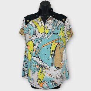 Jamie Sadock Colorful Artsy Abstract Print 1/4 Zip Short Sleeve Golf Top Sz LG